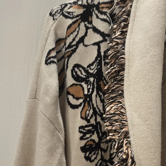 Chico's Elegant Cream and Brown Leaf And Floral Fringe Cardigan - Picture 4 of 5